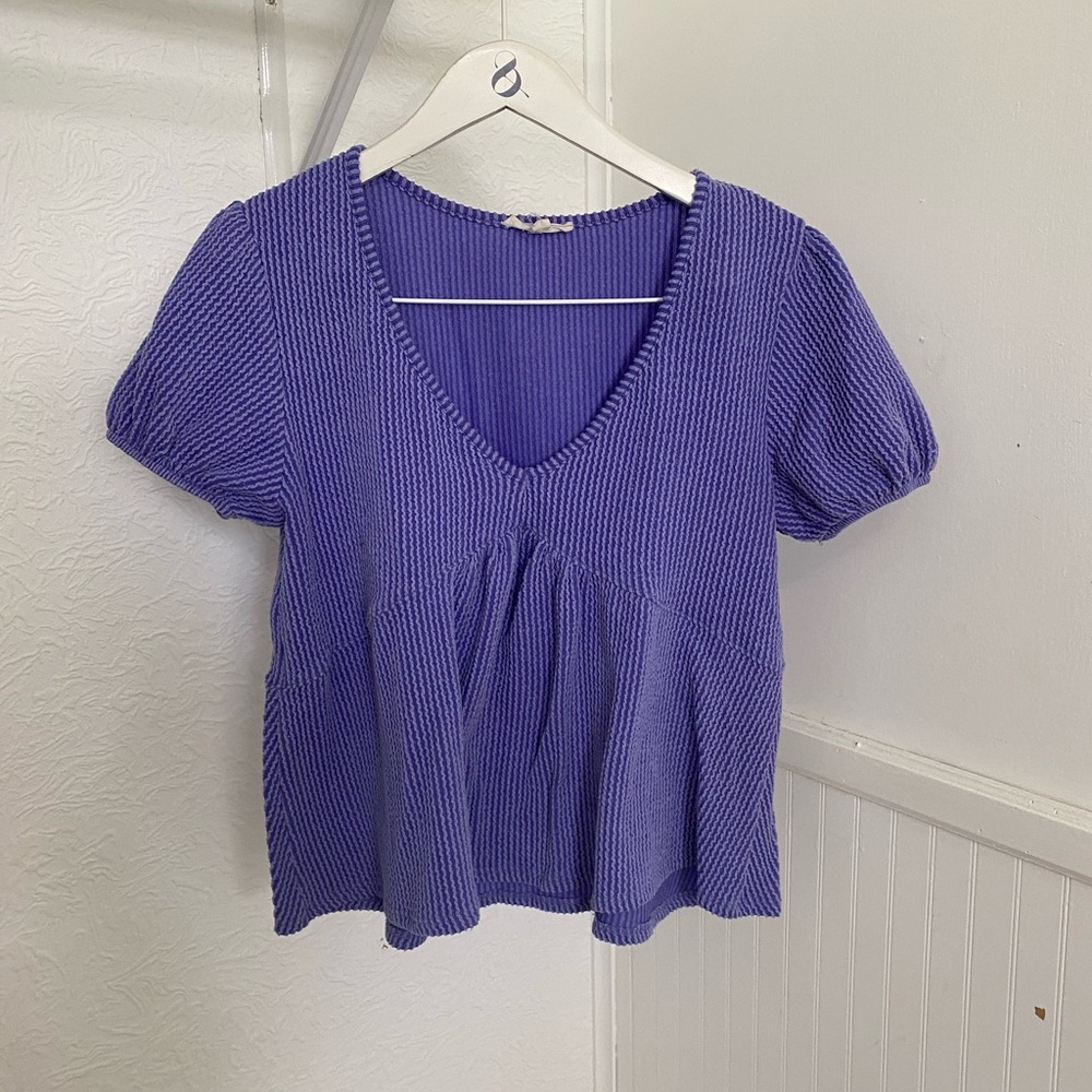 Purple Puff Sleeve Ribbed Blouse